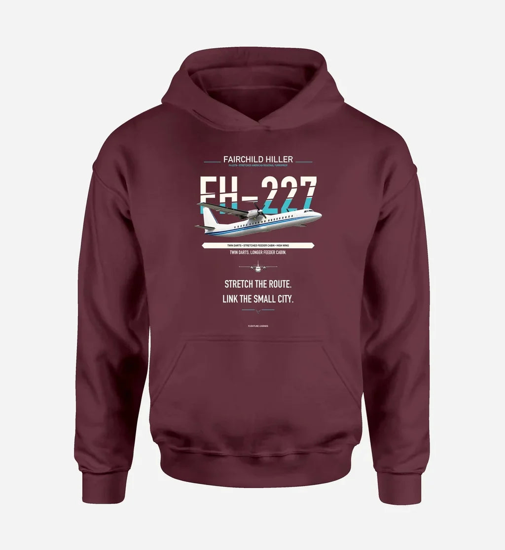 Fairchild Hiller FH-227B design on dark red hoodie single side
