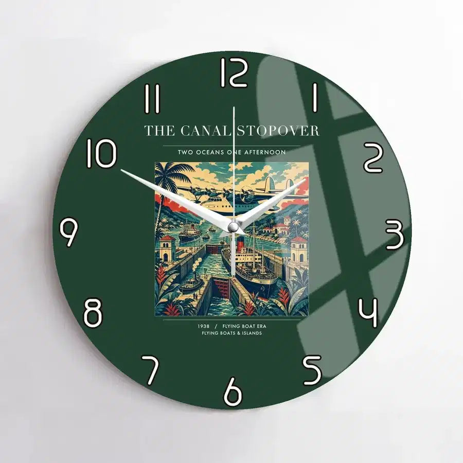 VINTAGE G4077 - The Canal Stopover - Designed Wall Clocks design on darkgreen no-frame