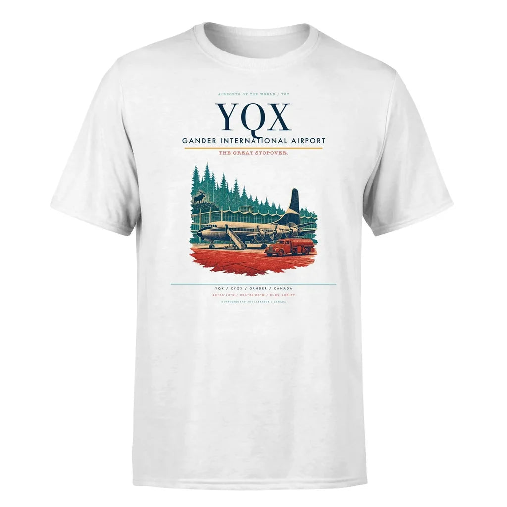 Gander International Airport (YQX) T-Shirt single-side front print in White | gander-international-airport-yqx-double-side-t-shirt