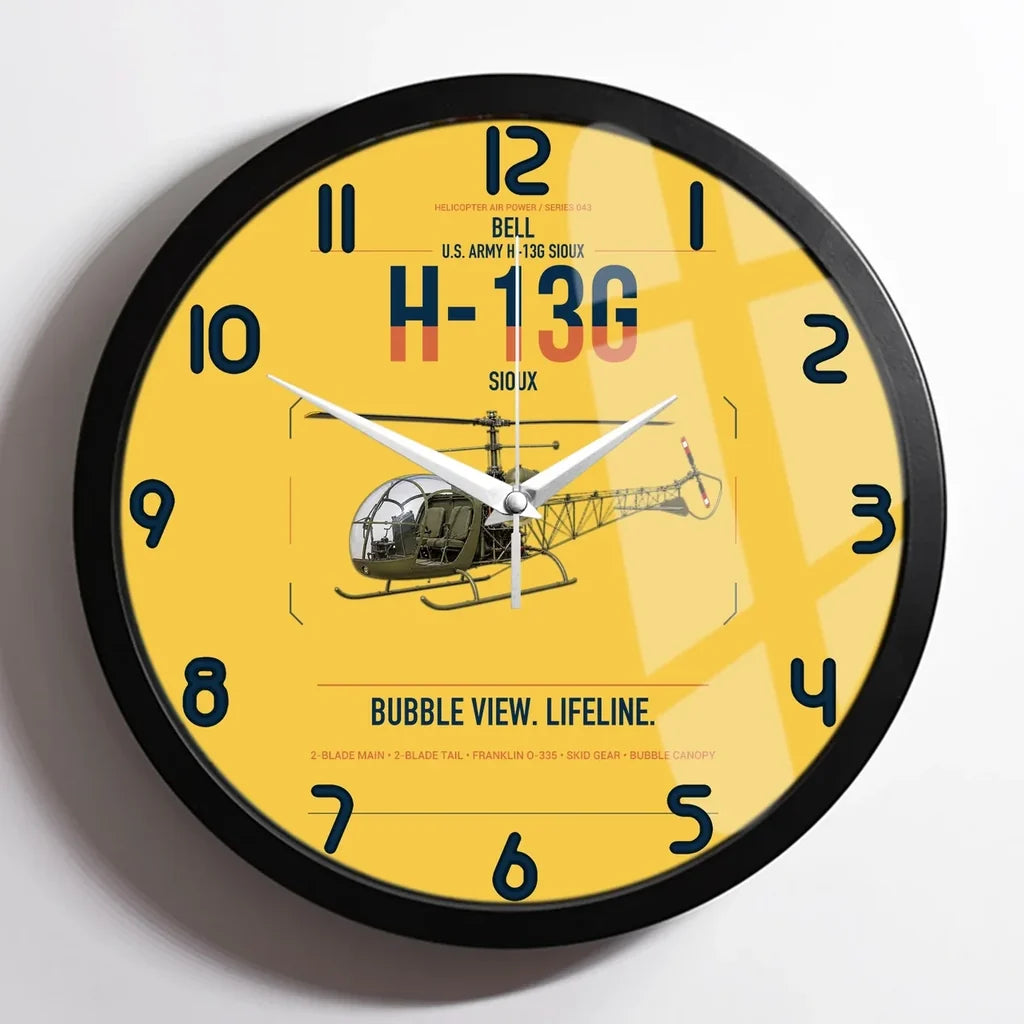 Bell H-13G Sioux design on yellow framed wall clock