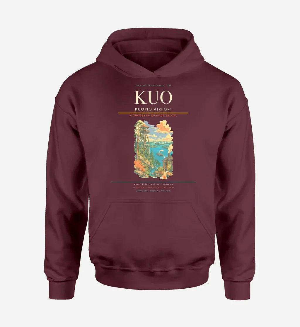 Kuopio Airport (KUO) design on dark red hoodie single-side print