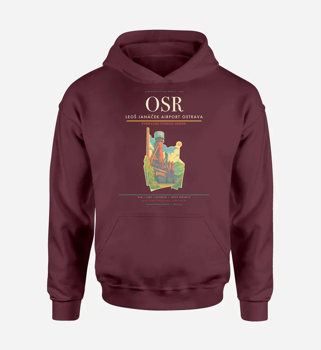 Leoš Janáček Airport Ostrava (OSR) design on dark red hoodie single-side print