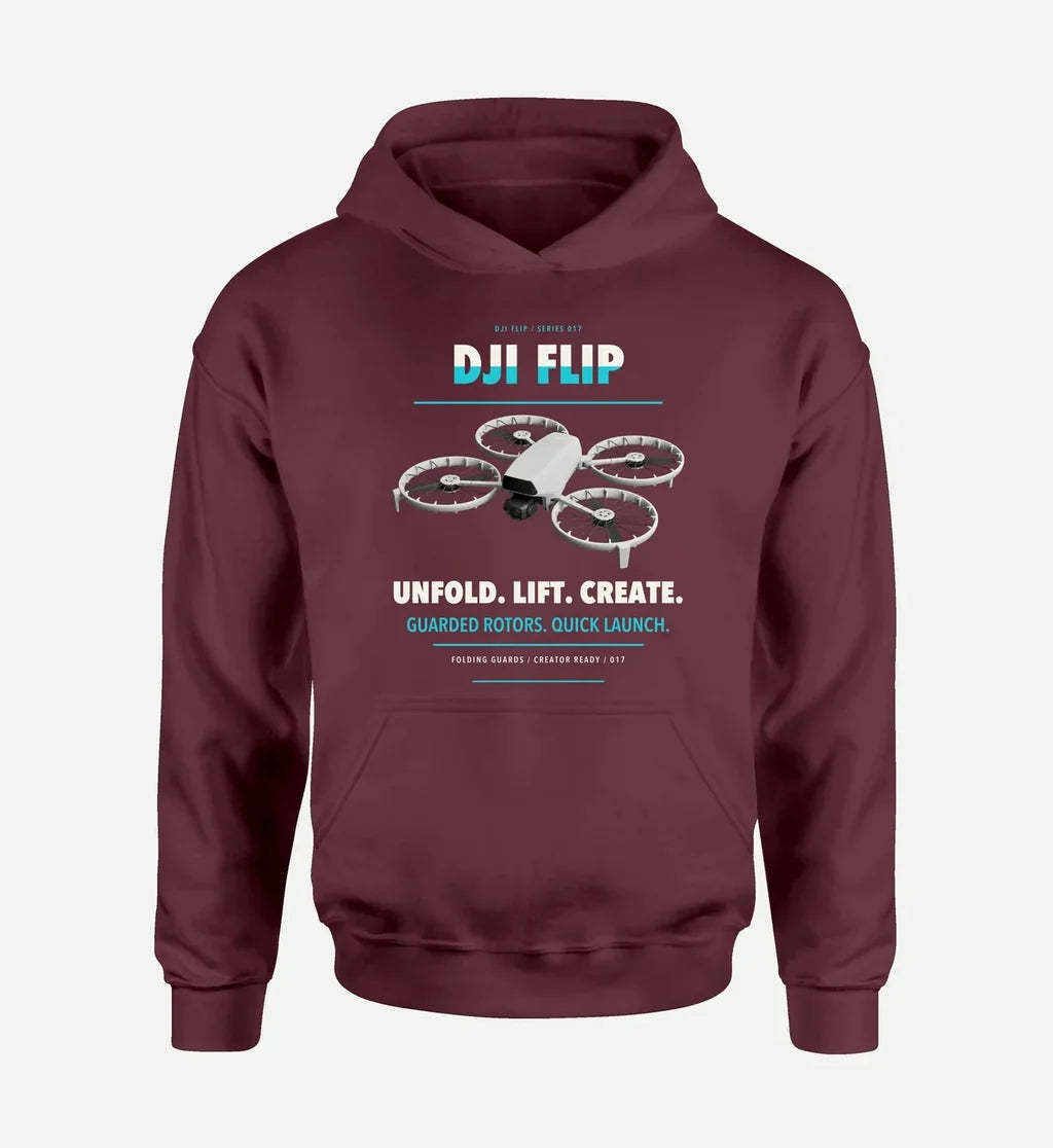 DJI Flip design on dark red hoodie single side