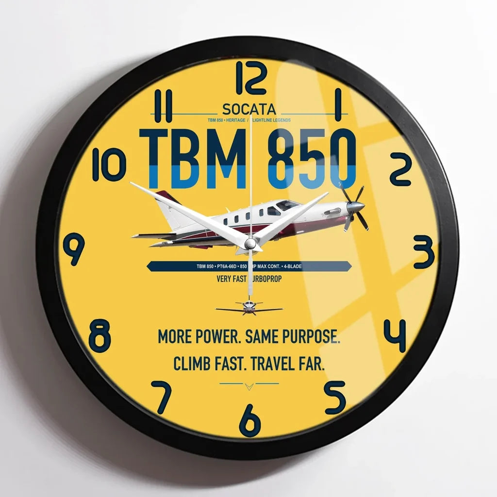 Socata TBM 850 design on yellow framed wall clock