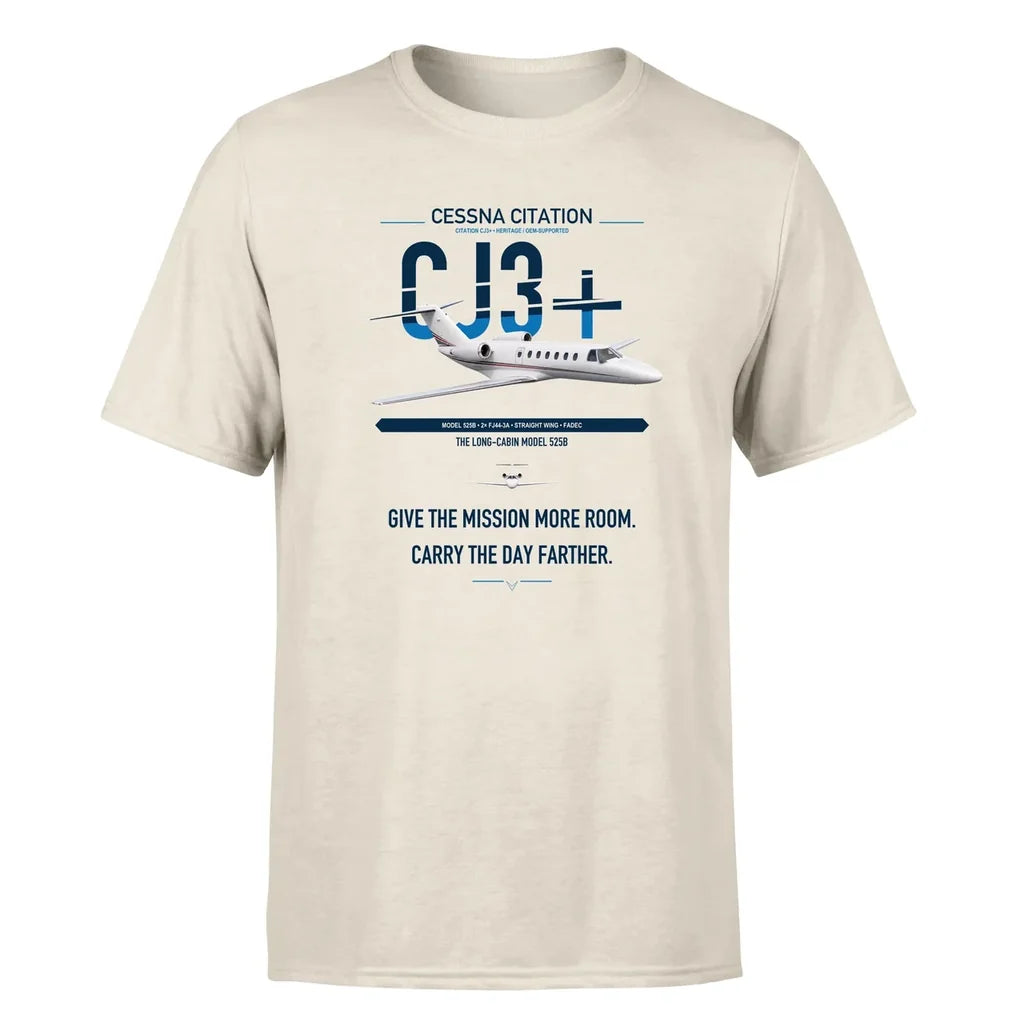 Cessna Citation CJ3+ design on beige double-side t-shirt, single-side print