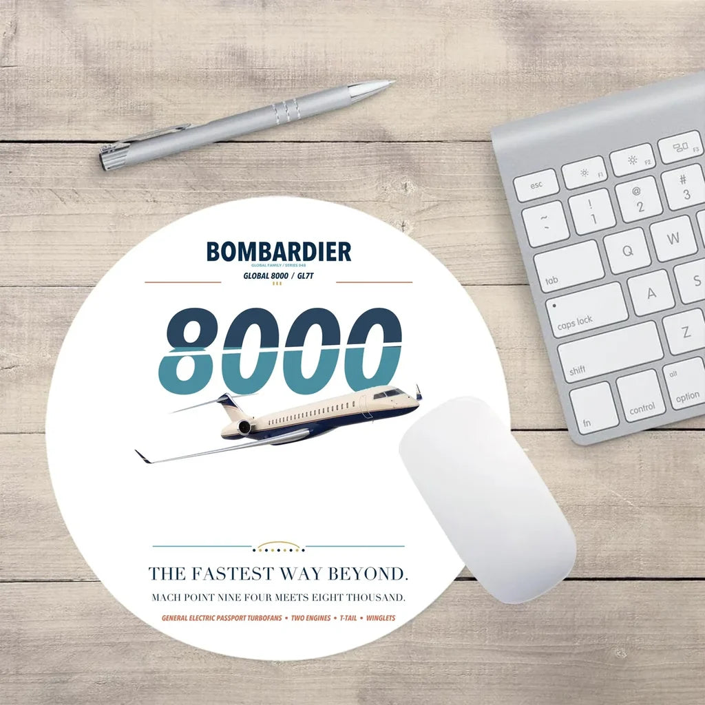 Bombardier Global 8000 design on white round mouse pad