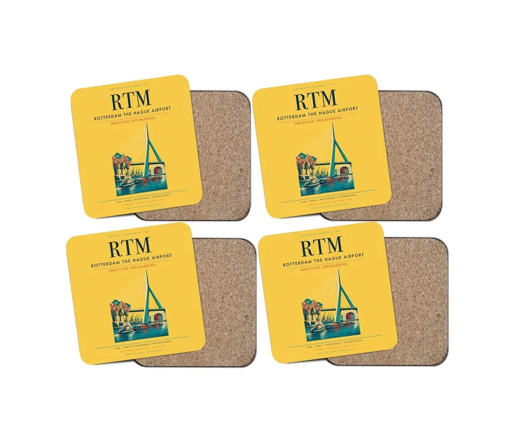 Rotterdam The Hague Airport (RTM) design on yellow 4 pieces set coaster