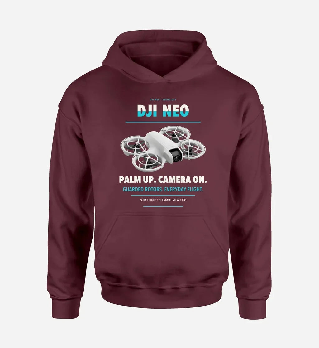 DJI Neo design on dark red hoodie single side