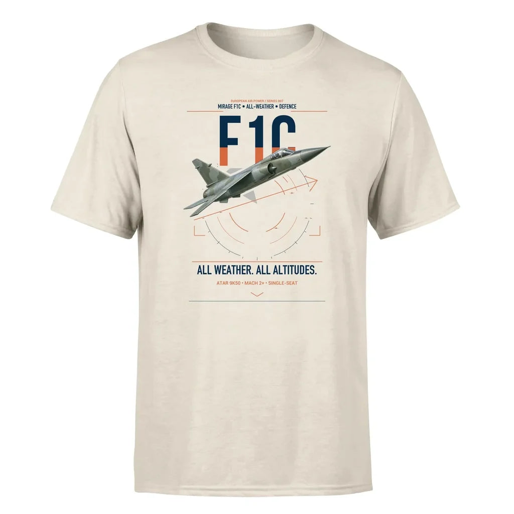 Dassault Mirage F1C design on beige t-shirt, single-side print