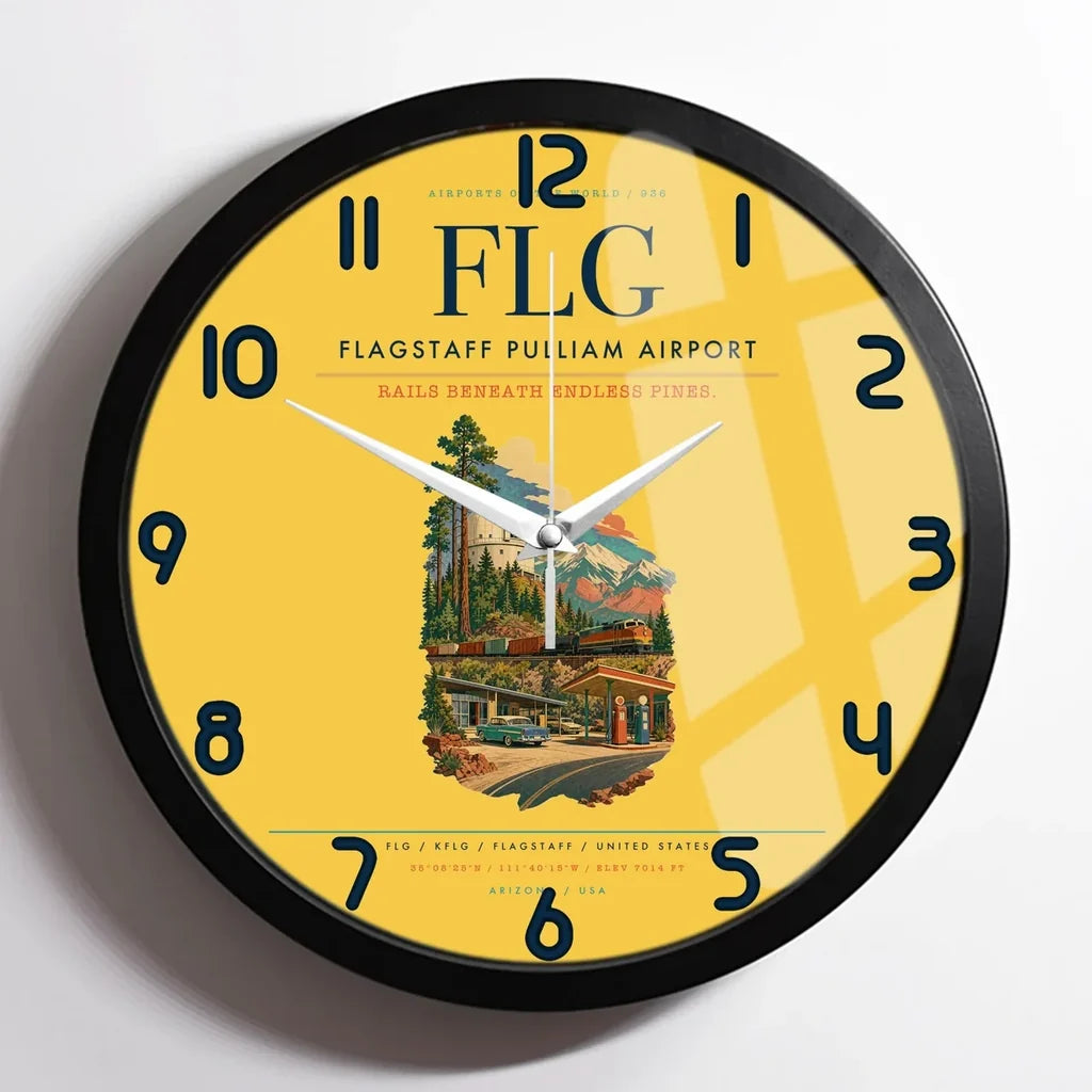 Flagstaff Pulliam Airport (FLG) design on yellow framed wall clock