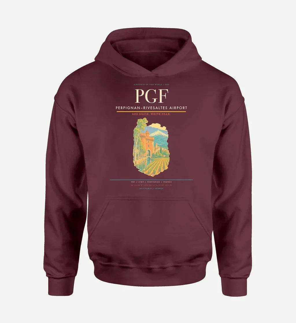 Perpignan–Rivesaltes Airport (PGF) design on dark red hoodie single-side print