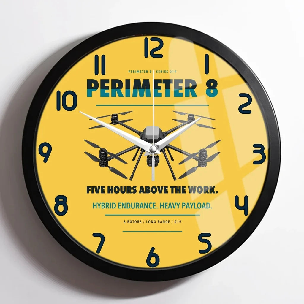 Skyfront Perimeter 8 design on yellow framed wall clock