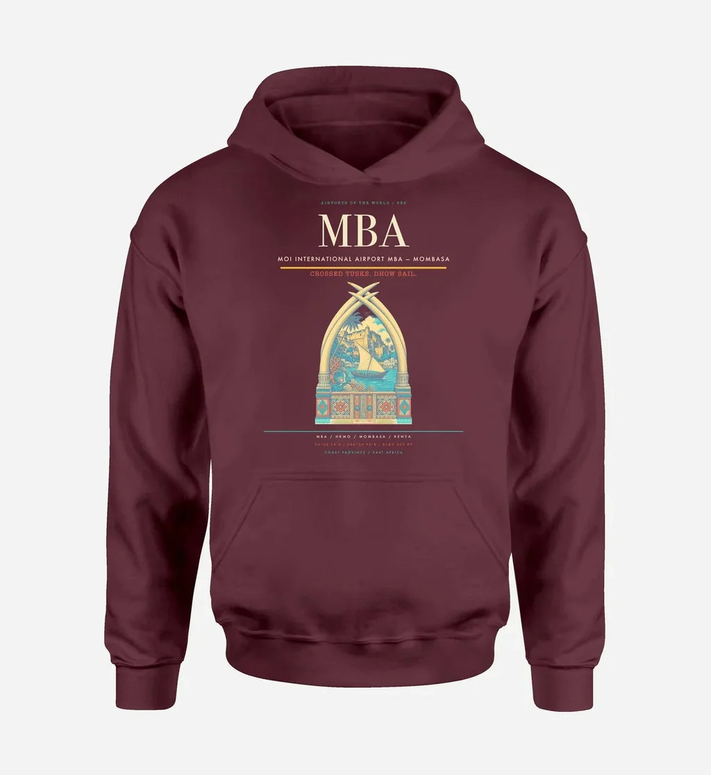 Moi International Airport (MBA) design on dark red hoodie single-side print