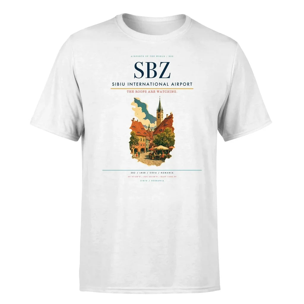 Sibiu International Airport (SBZ) T-Shirt single-side front print in White | sibiu-international-airport-sbz-double-side-t-shirt
