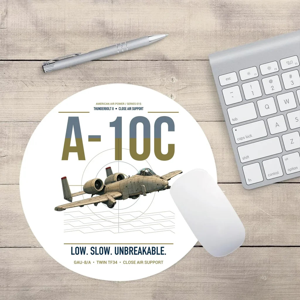 A-10C Thunderbolt II design on white round mouse pad