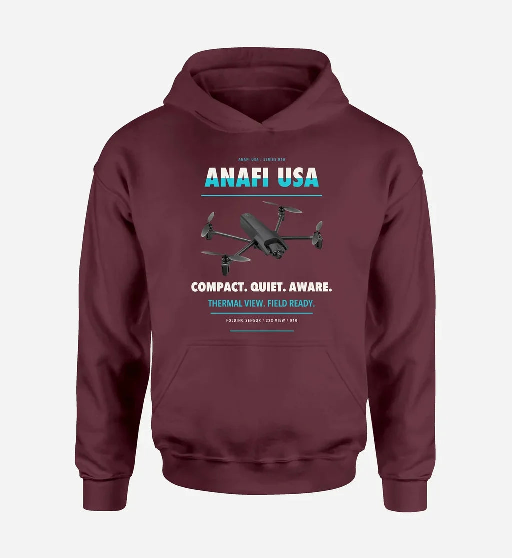 Parrot ANAFI USA design on dark red hoodie single side