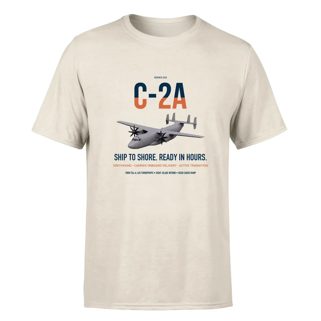 C-2A Greyhound design on beige double-side t-shirt, single-side print