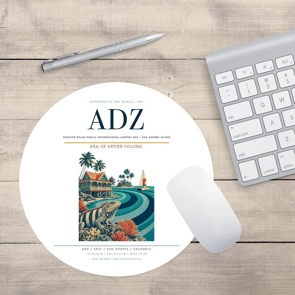 Gustavo Rojas Pinilla International Airport (ADZ) design on white round mouse pad