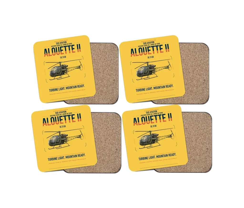 Sud Aviation SE 3130 Alouette II design on yellow 4 pieces set coaster