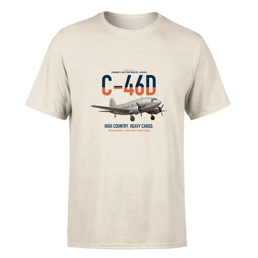 C-46D Commando design on beige double-side t-shirt, single-side print