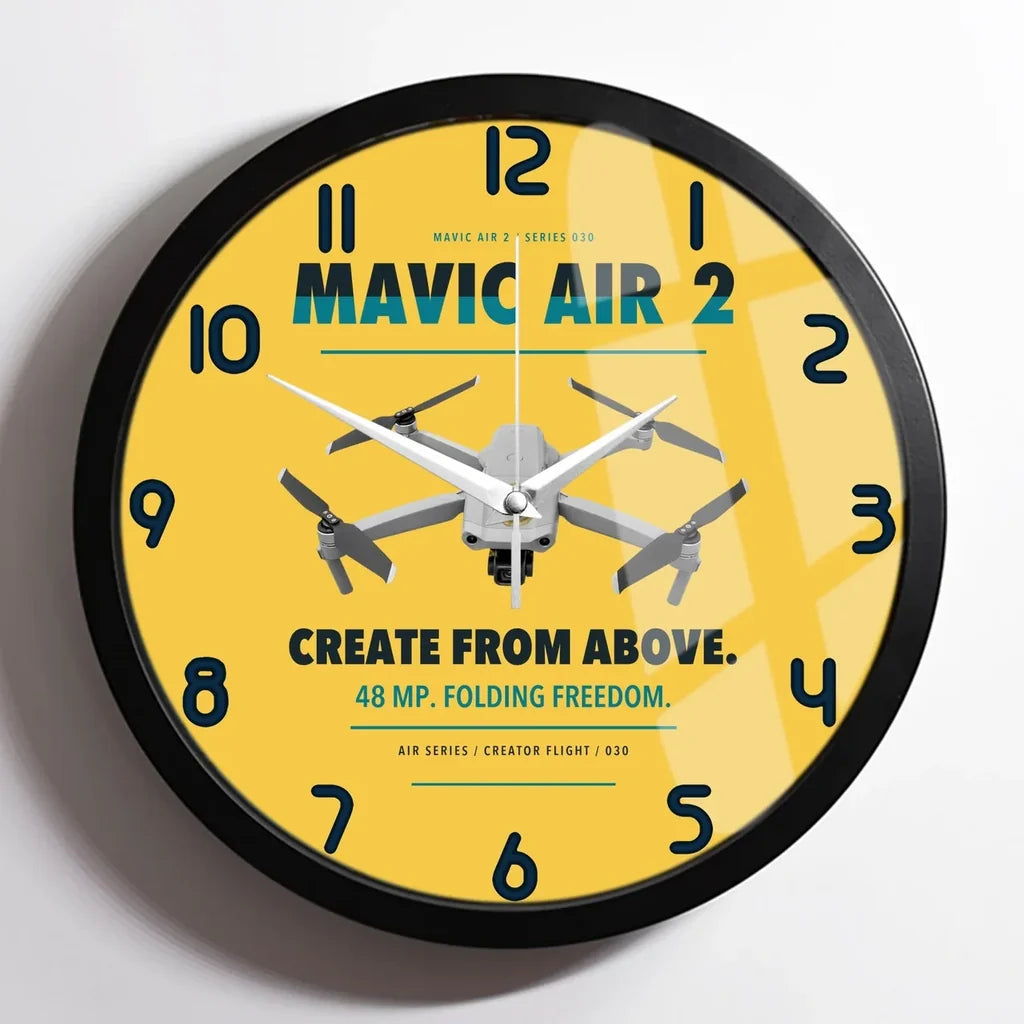 DJI Mavic Air 2 design on yellow framed wall clock