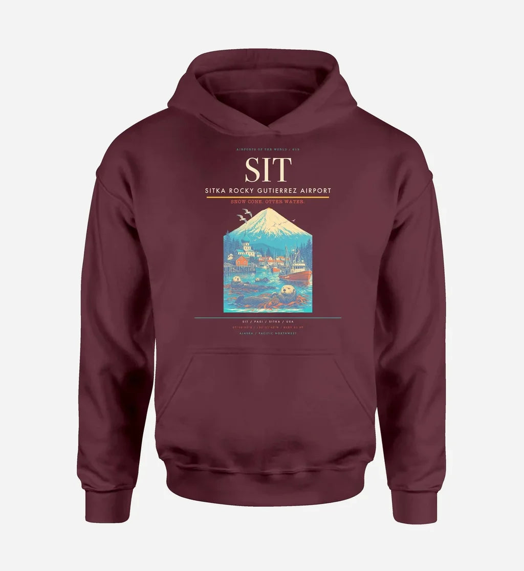 Sitka Rocky Gutierrez Airport (SIT) design on dark red hoodie single-side print