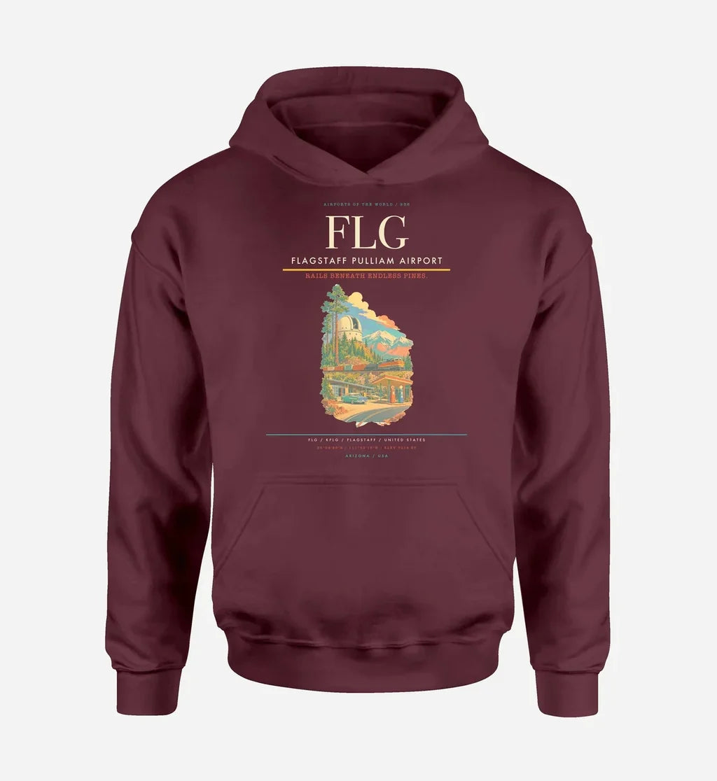 Flagstaff Pulliam Airport (FLG) design on dark red hoodie single-side print