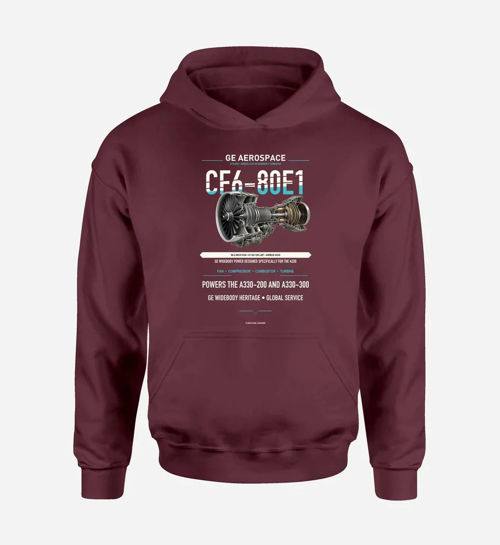 CF6-80E1 design on dark red hoodie single side