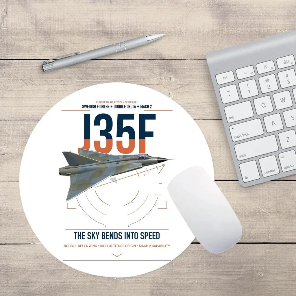 Saab J 35F Draken design on white round mouse pad