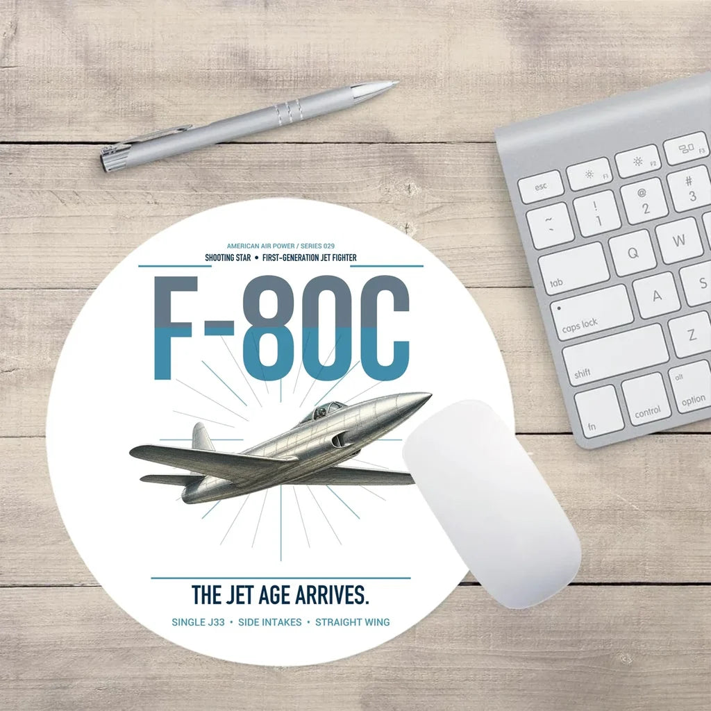 F-80C Shooting Star design on white round mouse pad