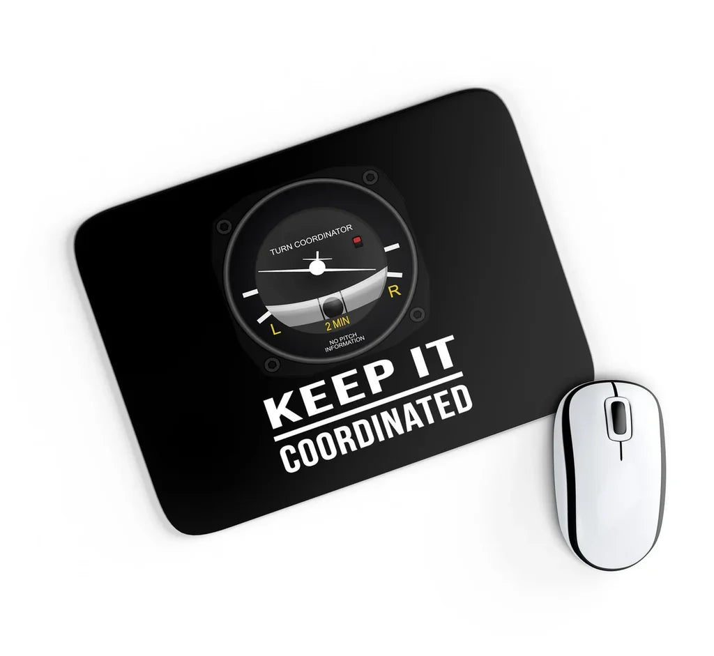 Keep It Coordinated aviation design on neoprene with anti-slip base mouse pad.
