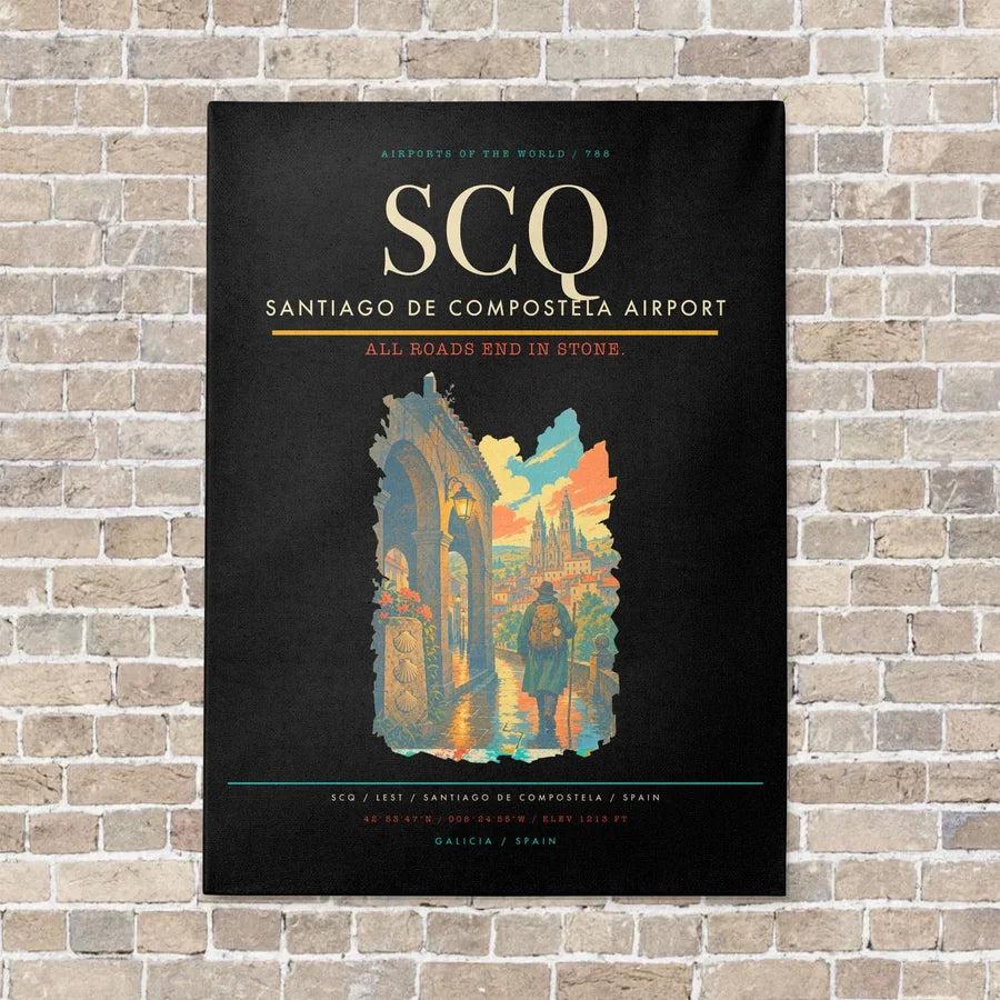 Santiago de Compostela Airport SCQ vertical canvas print - no frame - black background