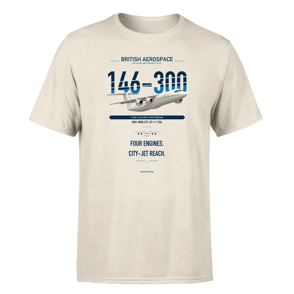 BAe 146-300 design on beige double-side t-shirt, single-side print