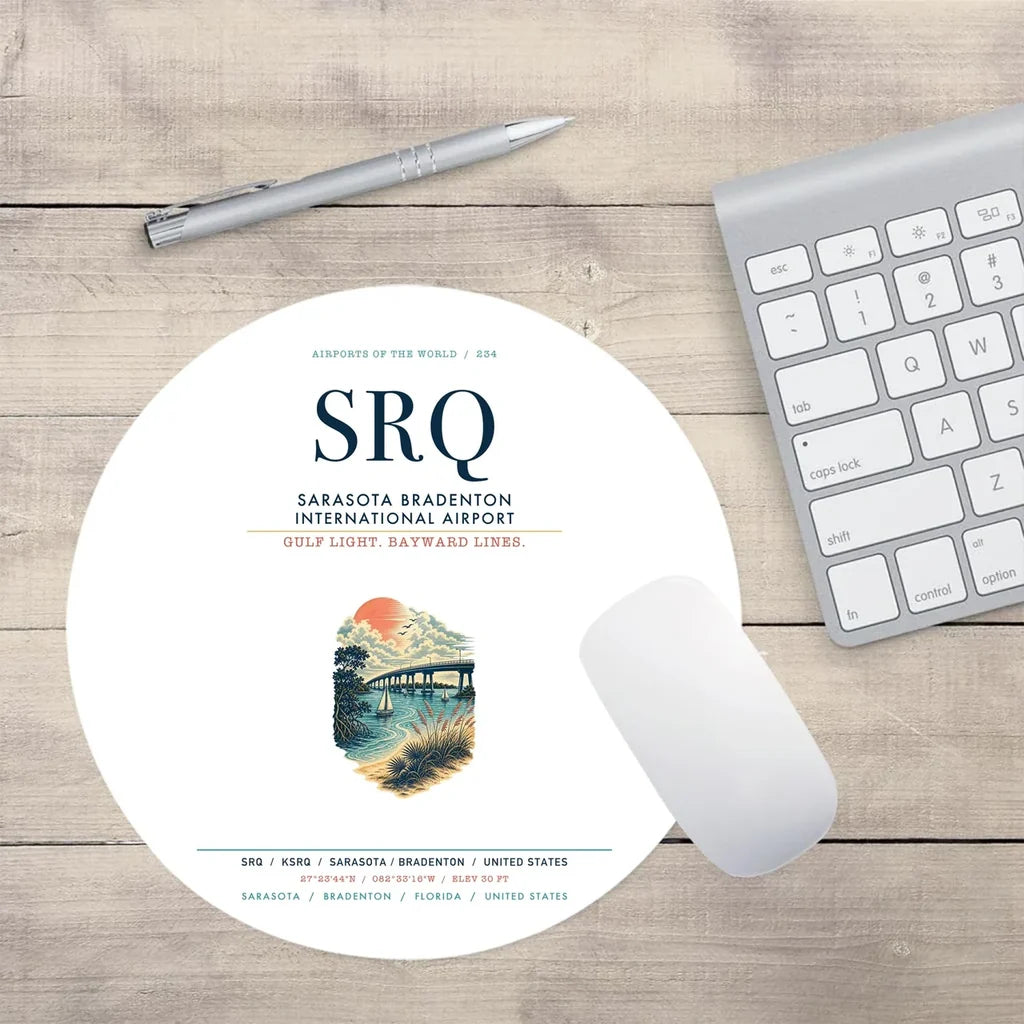 Sarasota Bradenton International Airport (SRQ) design on white round mouse pad