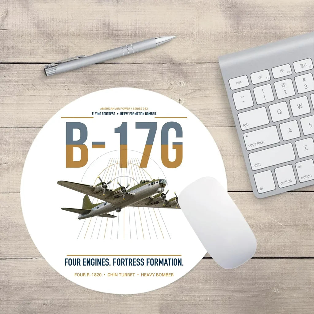 B-17G Flying Fortress design on white round mouse pad