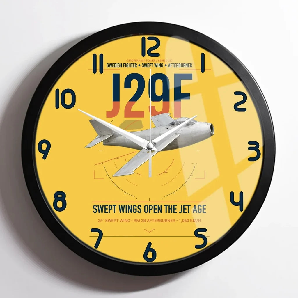 Saab J 29F Tunnan design on yellow framed wall clock