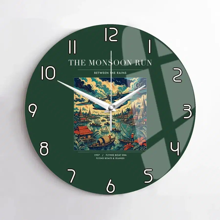 VINTAGE G4061 - The Monsoon Run - Designed Wall Clocks design on darkgreen no-frame