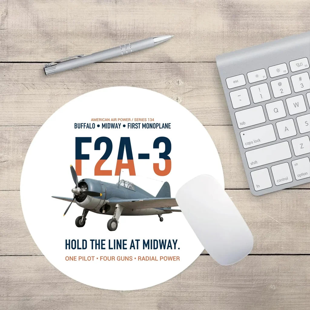 F2A-3 Buffalo Hold the Line at Midway design on white round mouse pad