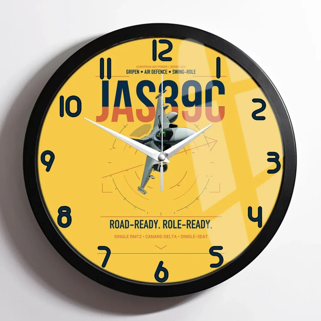 Saab JAS 39C Gripen design on yellow framed wall clock