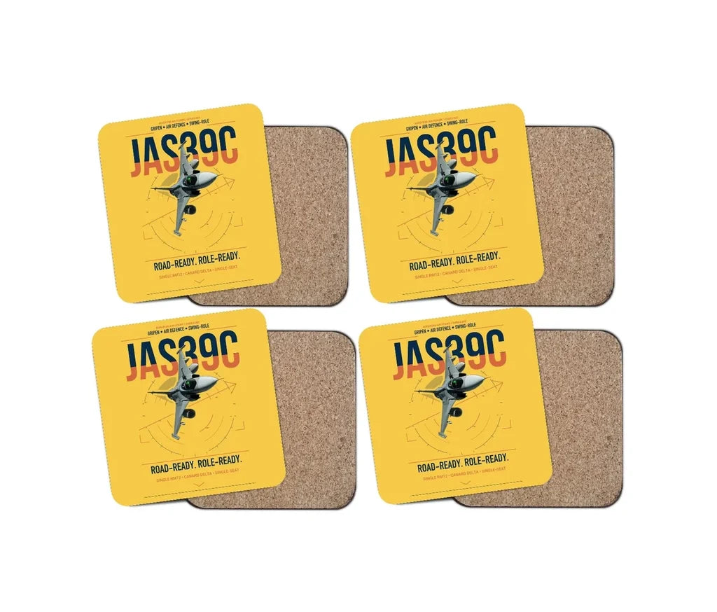 Saab JAS 39C Gripen design on yellow 4 pieces set coaster
