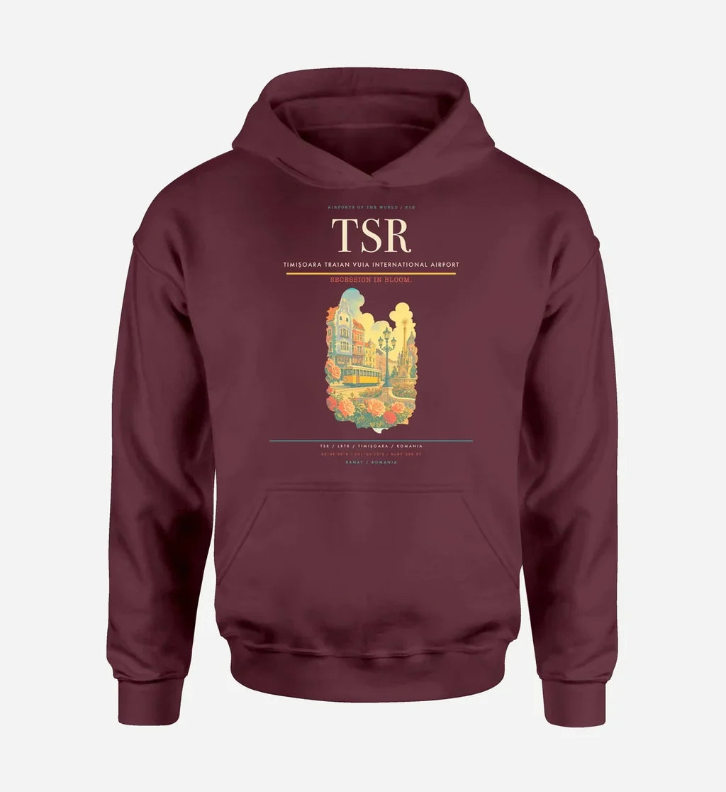 Timișoara Traian Vuia International Airport (TSR) design on dark red hoodie single-side print