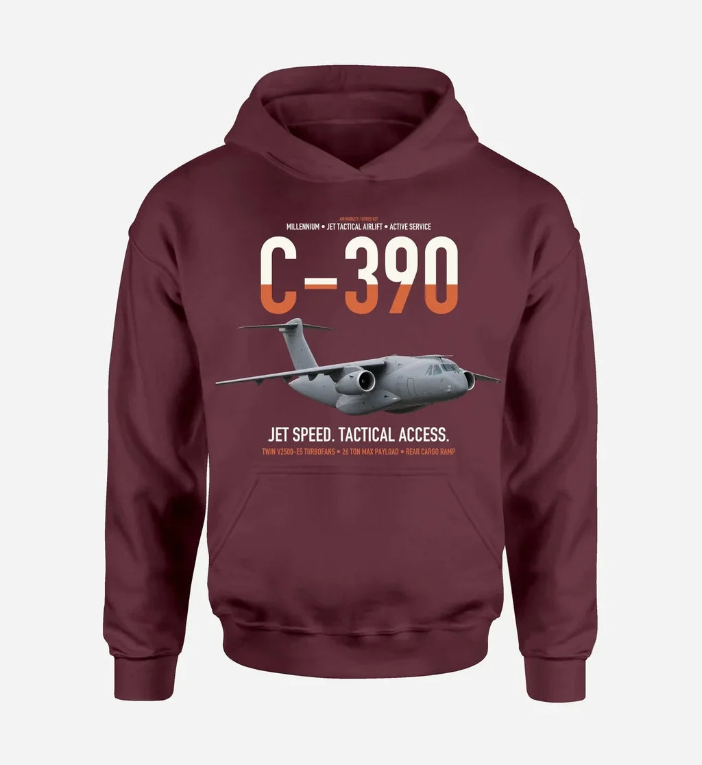 C-390 Millennium design on dark red double-side hoodie, single-side print