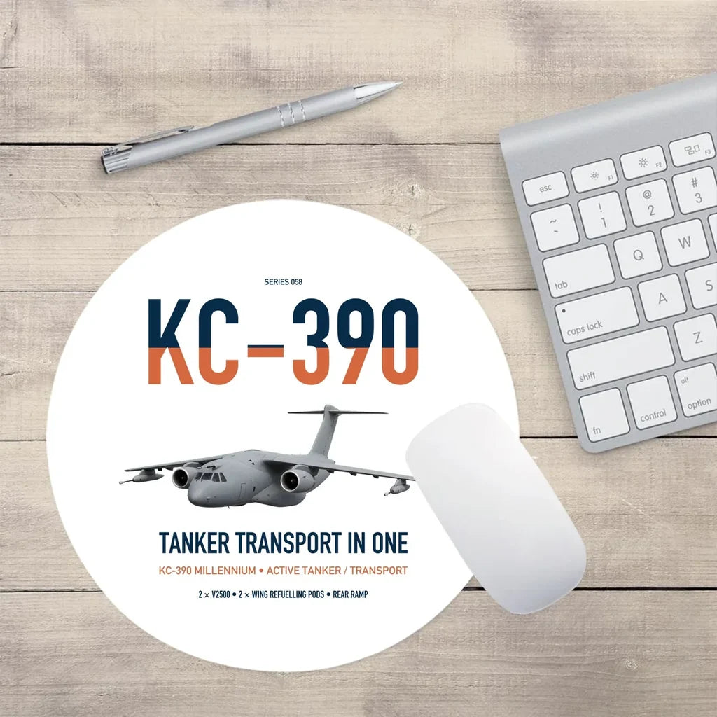 Embraer KC-390 Millennium design on white round mouse pad