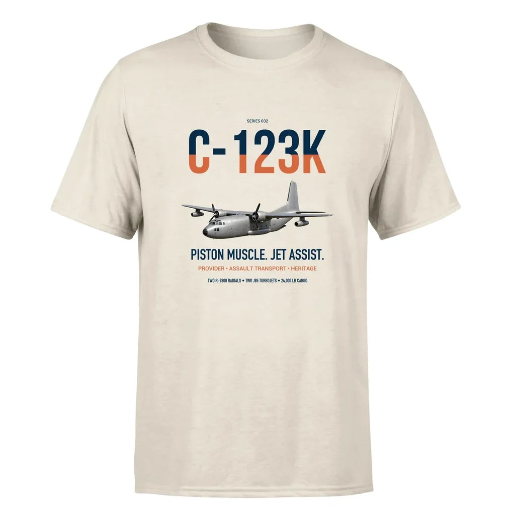 C-123K Provider design on beige double-side t-shirt, single-side print