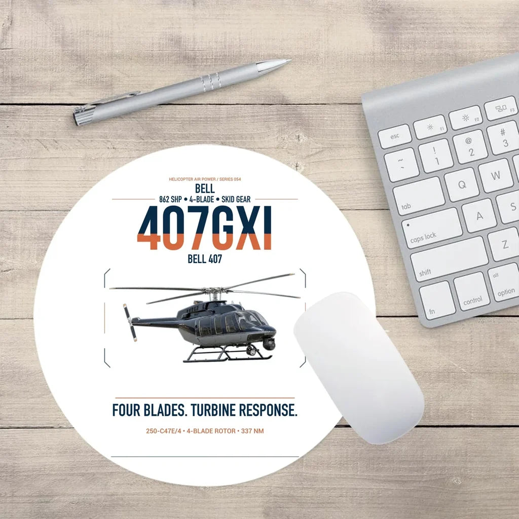 Bell 407GXi design on white round mouse pad