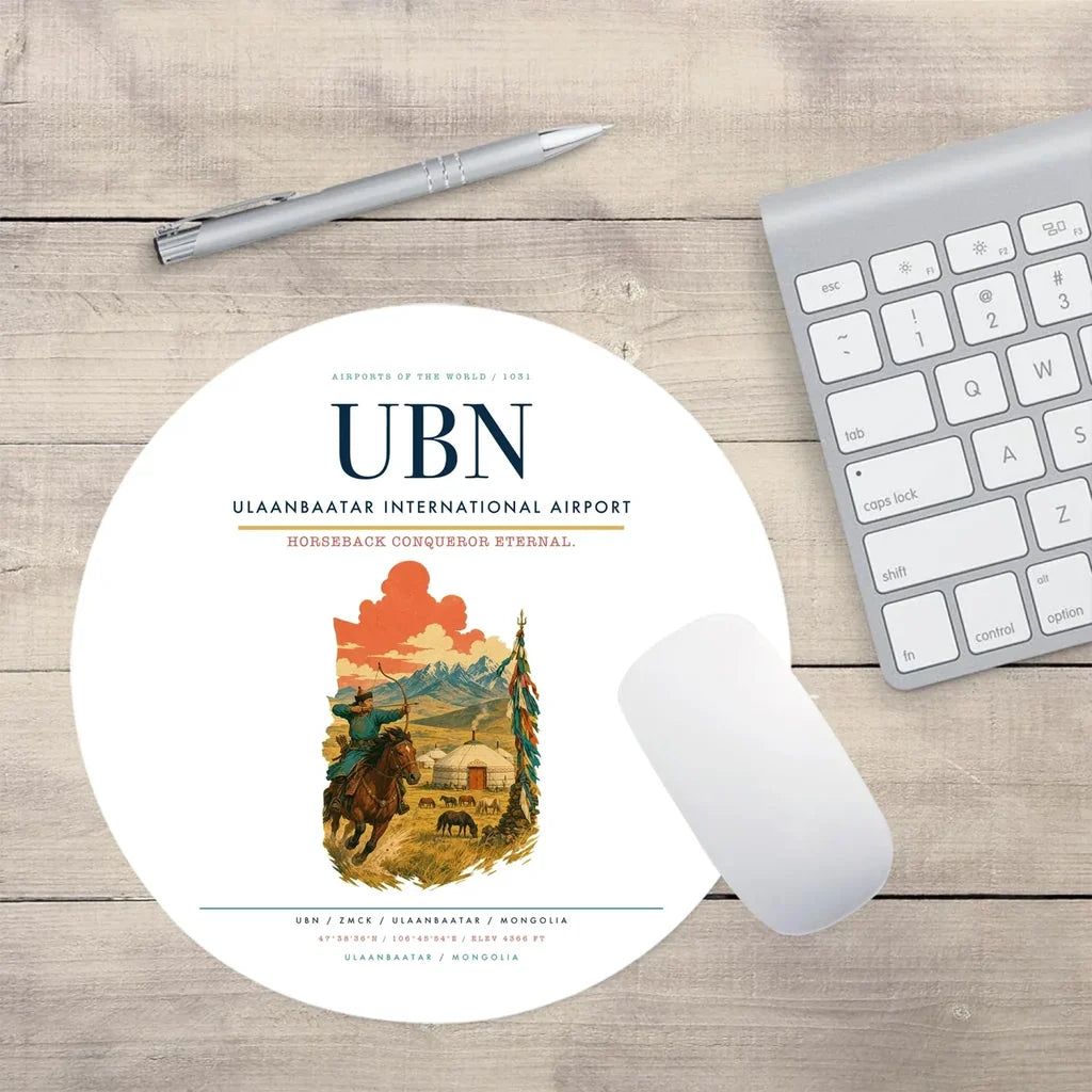 Ulaanbaatar International Airport (UBN) design on white round mouse pad