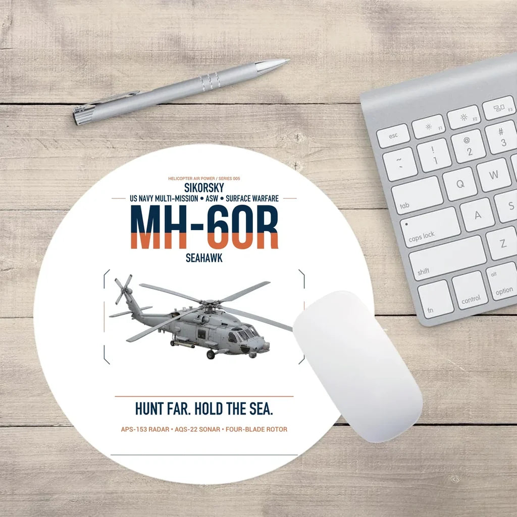 Sikorsky MH-60R Seahawk design on white round mouse pad