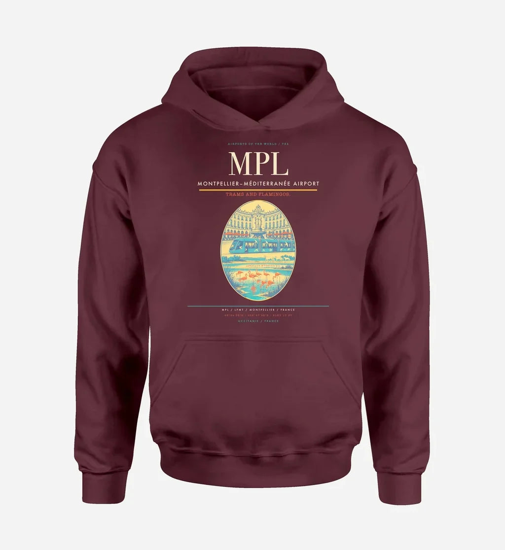 Montpellier–Méditerranée Airport (MPL) design on dark red hoodie single-side print