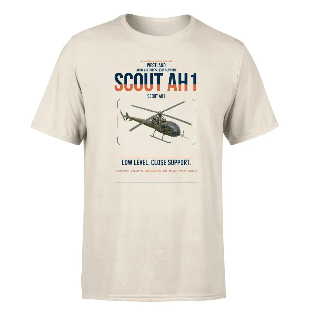 Westland Scout AH1 design on beige t-shirt, single-side print