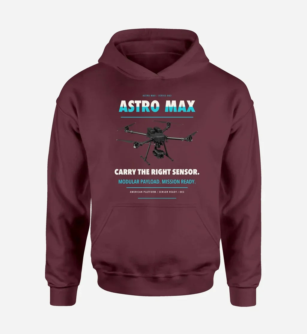 Freefly Astro Max design on dark red hoodie single side